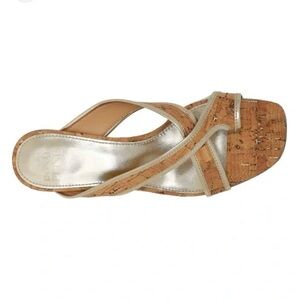 Donald J. Pliner Tan and Gold Sparkle Cork Kitten Heel Slip On Sandals